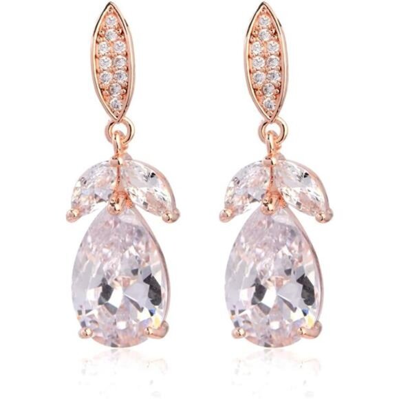 Rose Gold CZ Teardrop Earrings | Sparkly Marquise Crystal Dangle - Picture 1 of 5